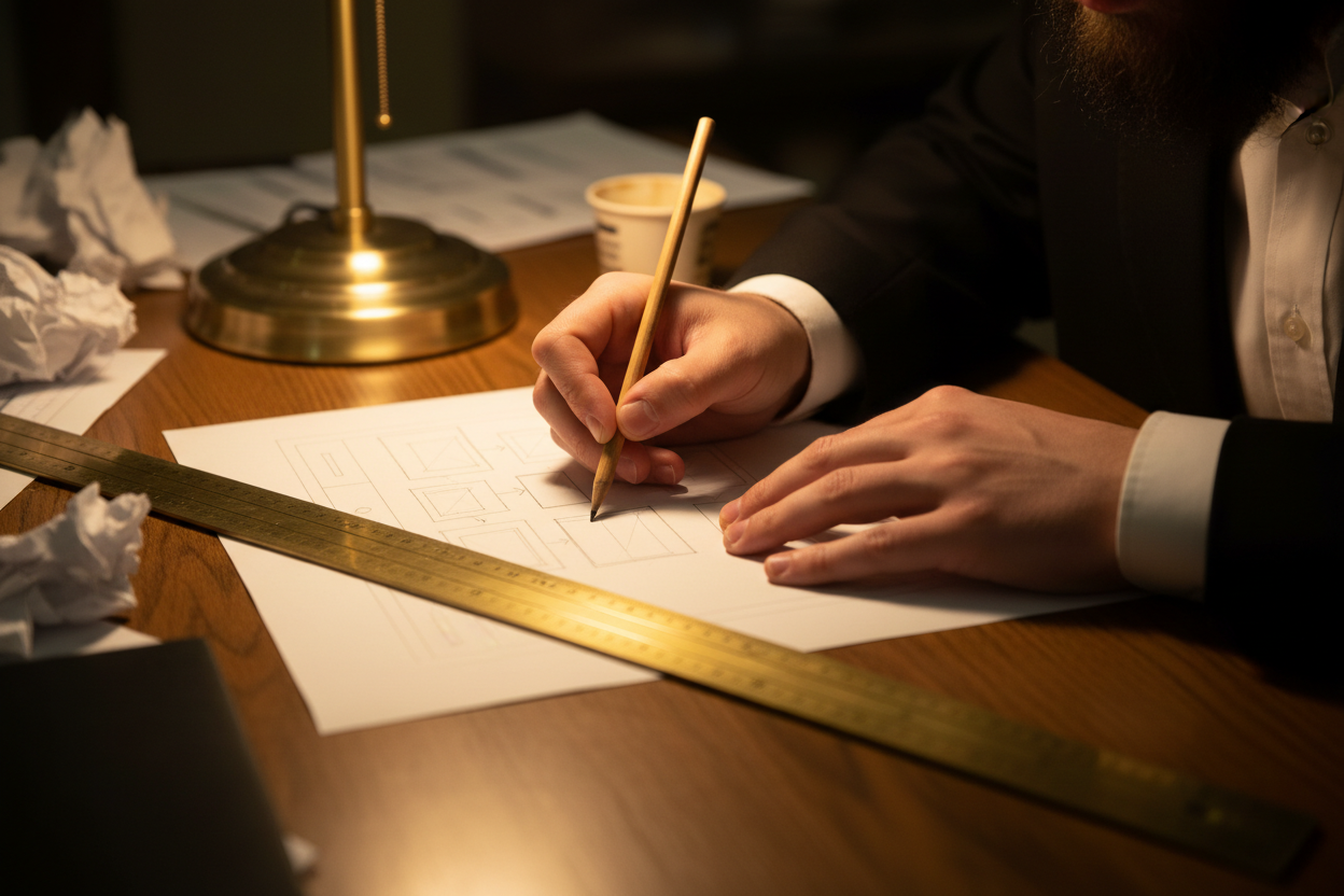 UI wireframes drawn on cream paper with a brass ruler